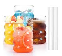 HAIJED 4Pcs Ribbed Water Drinking Glasses Cups with Straws, 300ml Bubble Glasses Tumbler, Temperature Resistant Bubble Glass Tumblers, Bubble Glasses Tumbler for Coffee Cocktail Juice