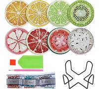 HAIJED 8 Pcs Coasters with Holder, Fruit Pattern Art Cup Coaster, Round Full Drill Diamond Art Craft Supplies for Adults Kids,Beginners (Style A)