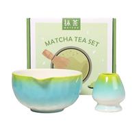 HAIJED Matcha Tea Set, Ceramic Bowl with Mouth and Whisk Holder, Tea Making Kit for Home Teas Lover Beginner(Kiln Turns Green)