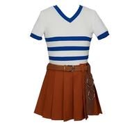 haikyuu Anime Cosplay Costume White Blue Stripe Top Yellow Skirt Set with Belt (large)