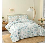 Hailea Ocean Quilt Set King Size Coastal Beach Theme Bedding Lightweight Reversible Starfish Seashell Conch Bedspread Coverlet Seaweed Coral Bed Cover with 2 Pillow Shams