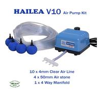 Hailea V10 4 way Air Pump Kit. With 4 x Golf Ball Air Stone 8mtr Air Line