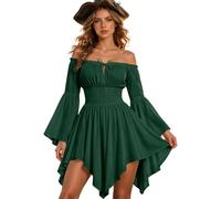 hailiwangg Women's Pirate Mini Dress Halloween Dresses Renaissance Costume | Sexy Off Shoulder, Front Tie, Stretchy Smocked Corset Waist, Flared Bell Sleeve, Handkerchief Hem, Irregular Hem