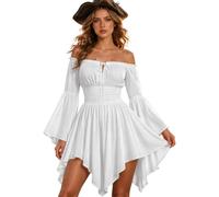 hailiwangg Women's Pirate Mini Dress Halloween Dresses Renaissance Costume | Sexy Off Shoulder, Front Tie, Stretchy Smocked Corset Waist, Flared Bell Sleeve, Handkerchief Hem, Irregular Hem
