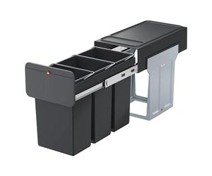 Hailo EcoLine Built-in Waste Bucket - Black, Easy Assembly, Effective Waste Sorting with Three 10L Inner Bins, Convenient Use with Telescopic Rails, Removable Lid & Integrated Shelves