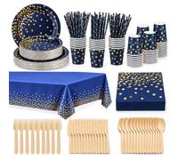 hailstones 226 Pcs Party Tableware Set, Navy Blue and Gold, for 25 Guests | All-in-One Set: Plates, Cups, Napkins, Straws & Wooden Cutlery. Ideal for Parties, Weddings, Birthdays & Picnics.