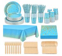 hailstones 226 Piece Party Tableware Set, Light Blue, for 25 Guests | All-in-One Set: Plates, Cups, Napkins, Straws & Wooden Cutlery. Ideal for Parties, Weddings, Birthdays & Picnics.
