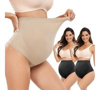 Hailycoco Seamless Maternity Shapewear, Maternity Thong High Waist Underwear Panties for Pregnancy with Belly Support, Black+black+nude, L