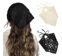 HAIMEIKANG Floral Crochet Hair Bandanas Headscarf 2 PCS Women Hair Scarf Daisy Headband Vintage Head Kerchief for Girls, Smile Face Print Black+Beige, One Size