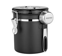 HAIOOU Airtight Coffee Canister, 16OZ Small Stainless Steel Coffee Bean Storage Container with Date Tracker, Measuring Scoop, CO2 Releasing Valves and Mini Tongs for Beans, Grounds and more - Black