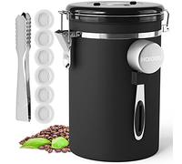 HAIOOU Airtight Coffee Canister, 22OZ Large Stainless Steel Coffee Bean Storage Container with Date Tracker, Measuring Scoop, 6Pcs CO2 Valves and Mini Tongs for Beans, Grounds, Sugar and more - Black
