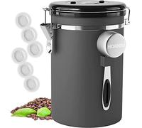 HAIOOU Airtight Coffee Canister, 22OZ Large Stainless Steel Coffee Bean Storage Container with Date Tracker, Measuring Scoop, CO2 Releasing Valves and Mini Tongs for Beans, Grounds and more - Gray
