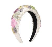 Hair Band,Hair Accessories Flower Embroidery Pearl Headband Antique Floral Woven Hair Hoop Rustic Personality Hair Accessories(White)
