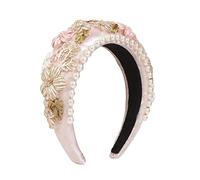 Hair Band，Women's Fashion Flower Embroidery Pearl Headband Antique Floral Woven Hair Hoop Rustic Personality Hair Accessories(White)