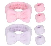 Hair Bandsuit Spa Face Headband 6 Piece,Bowknot Make Up Headband,Elastic Wrist Wash Band,Fluffy Beauty Headband for Women Face Washing Shower Sports (Pink&Purple)