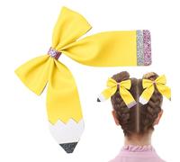 Hair Bow, Yellow and Small Pencil Design Clip Hair Accessories 9.9 cm for Festive Occasions, Birthday Parties, Hairstyles and Ponytails, Fancy Dress