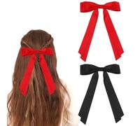 Hair Bows for Girls, 2 PCS Large Silky Satin Long Tail Hair Ribbon Clips Ponytail Holder with Metal Alligator Clips Retro Cute Black Red Hair Barrettes Aesthetic Bowknot Hair Accessories for Women