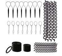 Hair Braiding Tools Kit, 16PCS Topsy Tail Loop Tools, 8PCS French Twist Styling Braiders, 20PCS Black Elastic Hair Ties for Ponytails, Plaits, and Braided Hairstyles
