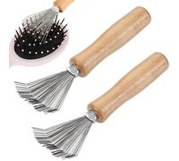 Hair Brush Cleaner 2PCS 4.5 Inch Hairbrush Cleaner with Wood Groove Handle and Fine Metal Wire Rake Portable Comb for Brush Hair Dirt Remove, Comb