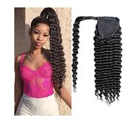 Hair Bun Deep Wavy Ponytail Wig Bun 8-24 Inch Wrap Around Ponytail Extensions Black Brazilian Real Hair for Black Women Hair Bun Piece(8inch(70g))