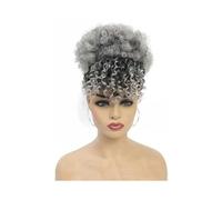Hair Bun Extensions Synthetic Short Kinky Curly Drawstring Ponytail with Bangs, Clip in Afro High Puff Hair Bun Hairpiece Bun Hair Pieces for Women(1BTgrey)