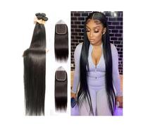 Hair Bundles Bone Straight Bundles with Closure Human Hair Weave Extension Natural Color Straight Brazilian Remy Hair Bundles with Frontal for Black Women Human Hair Bundles(13" x 4",32 32 34with22)