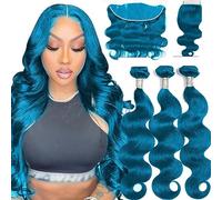 Hair Bundles Human Hair Bundles with Closure Peruvian Remy Blue Body Wave 3 Weave Extensions(4" x 4",20 20 20 and18)