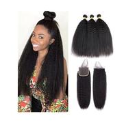 Hair Bundles, Kinky Straight Bundles with Closure Human Hair 3 4 Bundles with Closure Brazilian Remy Yaki Hair Extension Natural Black Pre Plucked with Baby Hair,Easy to Wear and Style(4" x 4",24 26