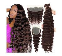 Hair Bundles Loose Deep Wave Bundles With Closure 6x6 Lace 3/4 Brown 100% Brazilian Remy Human Hair #4 Colored(4" x 4",18+20+22+Closure 16)