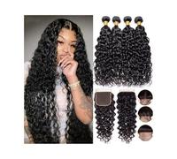 Hair Bundles Water Wave Bundles with 4×4 Closure Malaysian Human Hair Bundles with Lace Closure Human Hair Bundles(16 18 20 Closure 14)