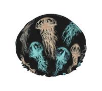 Hair Cap for Shower - Abstract Jellyfish Print Black Large Shower Cap Reusable Waterproof, Double Layer Shower Cap for Women, Hair Cap for Shower with Peva Lining and Elastic Rope