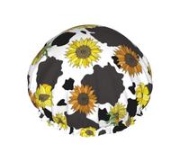 Hair Cap for Shower - Black Cow Print Sunflowers Large Shower Cap Reusable Waterproof, Double Layer Shower Cap for Women, Hair Cap for Shower with Peva Lining and Elastic Rope