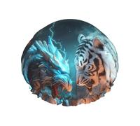 Hair Cap for Shower Blue Dragon and White Tiger Double Layer Shower Cap Reusable Water-resistant, Large Shower Cap for Women, Hair Cap for Shower with Peva Lining and Elastic Rope