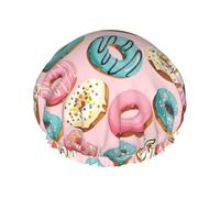 Hair Cap for Shower - Blue Pink White Donut Print Double Layer Shower Cap Reusable Water-resistant, Large Shower Cap for Women, Hair Cap for Shower with Peva Lining and Elastic Rope