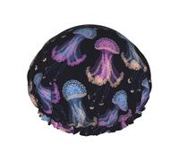 Hair Cap for Shower - Blue Purple Jellyfish Print Double Layer Shower Cap Reusable Waterproof, Large Shower Cap for Women, Hair Cap for Shower with Peva Lining and Elastic Rope