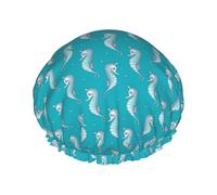 Hair Cap for Shower - Blue Sea horses Large Shower Cap Reusable Waterproof, Double Layer Shower Cap for Women, Hair Cap for Shower with Peva Lining and Elastic Rope