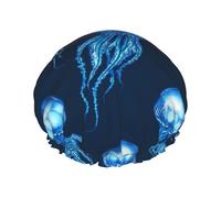 Hair Cap for Shower - Blue White Jellyfish Double Layer Shower Cap Reusable Waterproof, Large Shower Cap for Women, Hair Cap for Shower with Peva Lining and Elastic Rope