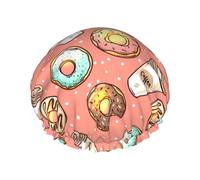 Hair Cap for Shower - Cartoon Coffee Donut Print Large Shower Cap Reusable Waterproof, Double Layer Shower Cap for Women, Hair Cap for Shower with Peva Lining and Elastic Rope