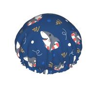 Hair Cap for Shower - Cartoon Cute Shark Swim Ring Large Shower Cap Reusable Waterproof, Double Layer Shower Cap for Women, Hair Cap for Shower with Peva Lining and Elastic Rope