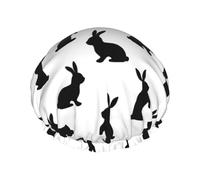 Hair Cap for Shower - Classic Cute Rabbit Black White Double Layer Shower Cap Reusable Waterproof, Large Shower Cap for Women, Hair Cap for Shower with Peva Lining and Elastic Rope