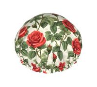 Hair Cap For Shower - Classic Red Roses Print Double Layer Reusable Waterproof Shower Cap With Peva Lining And Elastic Rope, Large Shower Cap For Women And Men