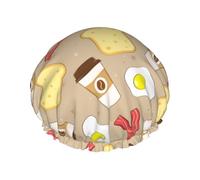 Hair Cap for Shower Coffee Bacon Eggs Toast Double Layer Shower Cap Reusable Water-resistant, Large Shower Cap for Women, Hair Cap for Shower with Peva Lining and Elastic Rope