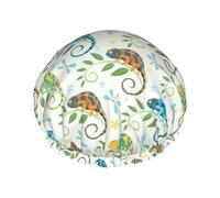Hair Cap for Shower - Colorful Cute Chameleon Dragonfly Double Layer Shower Cap Reusable Waterproof, Large Shower Cap for Women, Hair Cap for Shower with Peva Lining and Elastic Rope