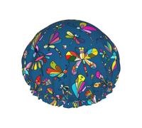 Hair Cap for Shower - Colorful Dragonfly Butterfly Double Layer Shower Cap Reusable Waterproof, Large Shower Cap for Women, Hair Cap for Shower with Peva Lining and Elastic Rope