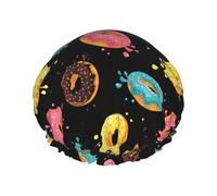Hair Cap for Shower - Colourful Donut Print Black Large Shower Cap Reusable Waterproof, Double Layer Shower Cap for Women, Hair Cap for Shower with Peva Lining and Elastic Rope