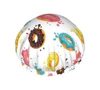 Hair Cap for Shower - Colourful Donut Print White Double Layer Shower Cap Reusable Waterproof, Large Shower Cap for Women, Hair Cap for Shower with Peva Lining and Elastic Rope