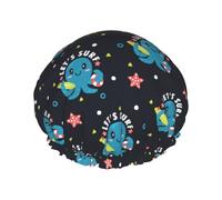 Hair Cap for Shower - Cute cartoon octopus surf Double Layer Shower Cap Reusable Waterproof, Large Shower Cap for Women, Hair Cap for Shower with Peva Lining and Elastic Rope
