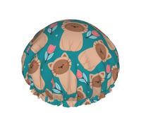 Hair Cap for Shower - Cute Cartoon Tulip Cat Double Layer Shower Cap Reusable Waterproof, Large Shower Cap for Women, Hair Cap for Shower with Peva Lining and Elastic Rope