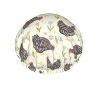 Hair Cap for Shower - Cute Chicken Tulip Green Grass Double Layer Shower Cap Reusable Waterproof, Large Shower Cap for Women, Hair Cap for Shower with Peva Lining and Elastic Rope