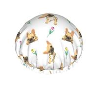 Hair Cap for Shower - Cute French Bulldog Tulip Double Layer Shower Cap Reusable Waterproof, Large Shower Cap for Women, Hair Cap for Shower with Peva Lining and Elastic Rope